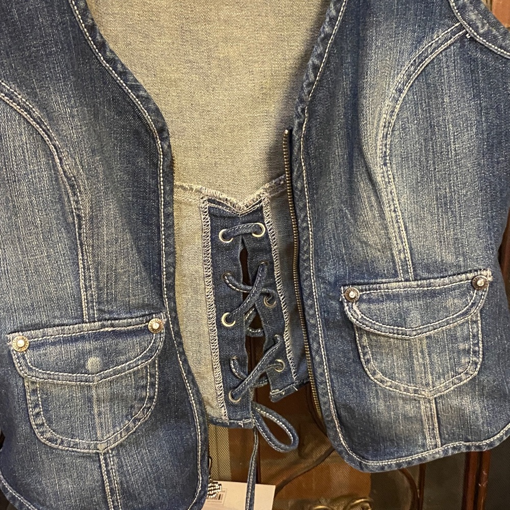 Harley Davidson Women’s Lace Up Denim Vest Bedazzled Gem - Picture 3 of 7